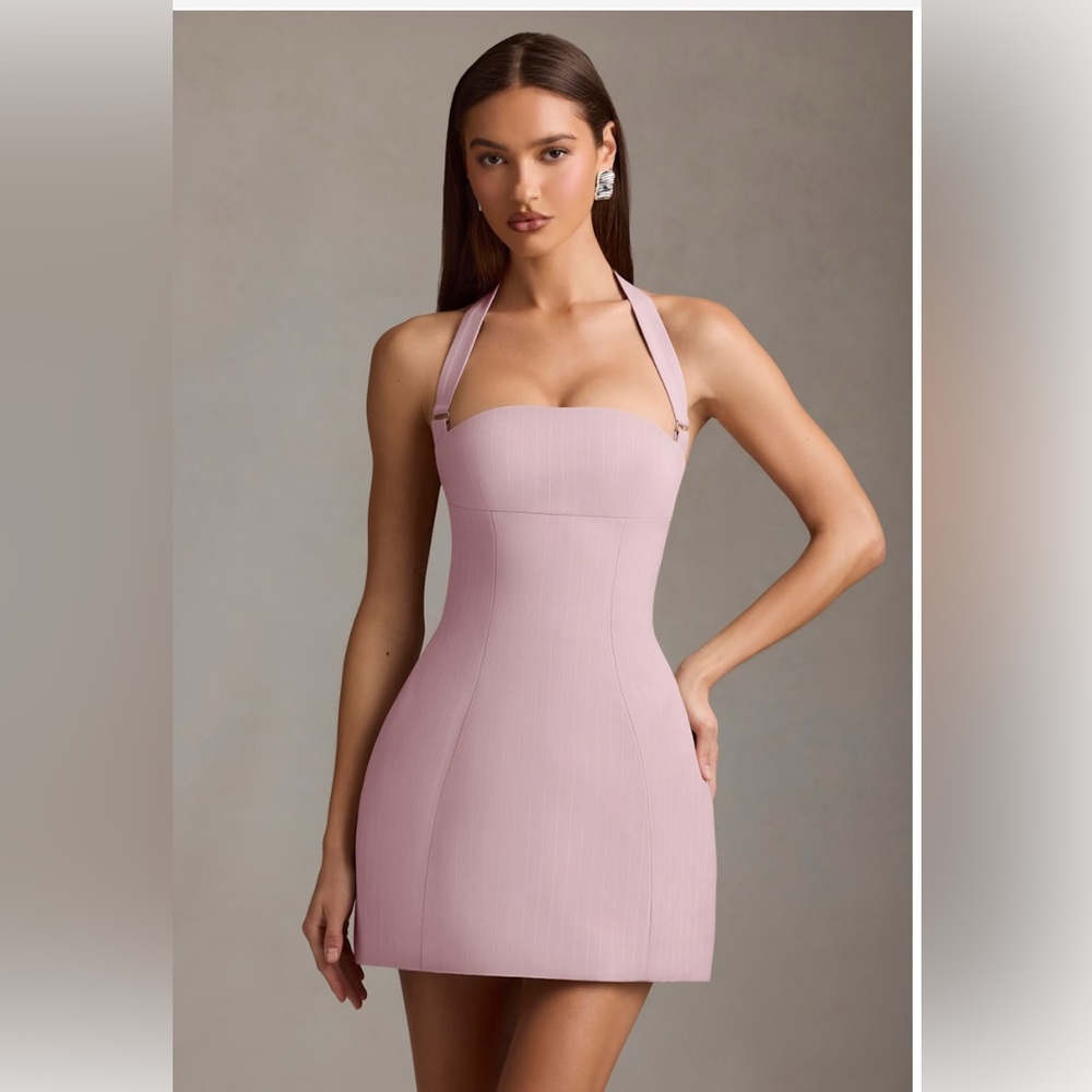 Pinstripe Halterneck Structured A-Line Mini Dress in Mauve